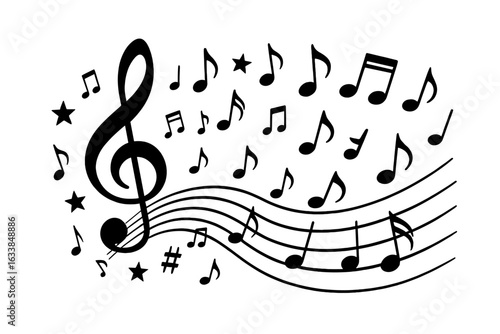 Musical notes and treble clef vector illustration. Abstract music background with melody, rhythm, stave, stars, shapes and symbols. Creative black and white music composition on transparent design