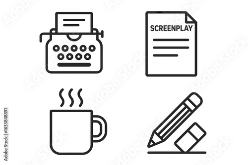 Scriptwriting process outline icon set. Typewriter, screenplay document, mug of coffee, pencil and eraser. Creative writing, script editing, screenwriter tools. Vector illustration isolated.