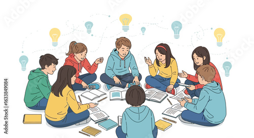 Brainstorming Team In Circle Discussing Ideas For School Project Or Startup Company