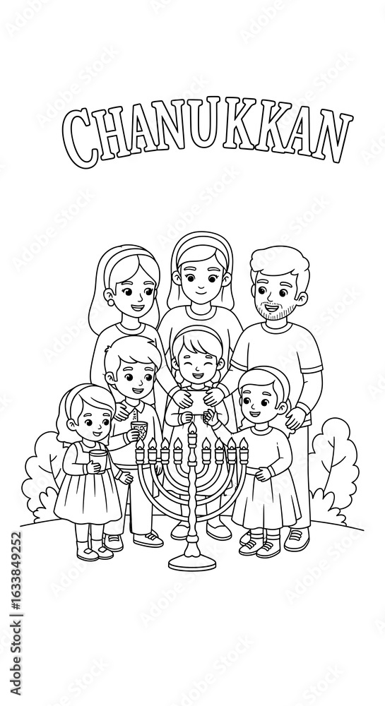 Obraz premium Happy Hanukkah Family: Cartoon-Style Line Art Illustration of a Family Celebrating with a Menorah.