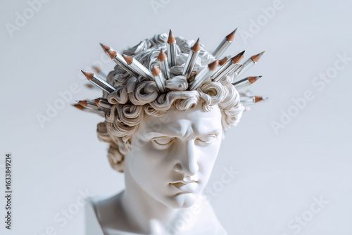 Statue of a Greek god with pencils in his hair. A man with pencils in his head. Concept: learning, creativity, beginning of the school year.