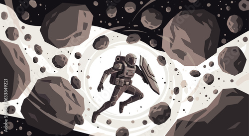 Brave Astronaut Navigating Through Asteroid Field Holding Protective Shield