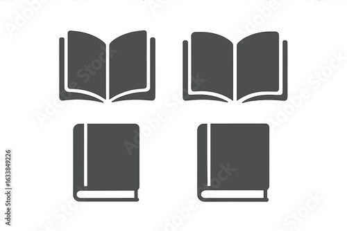 Book icons set. Open and closed book silhouette symbols, flat vector illustration. Library, reading, education, learning, literature, textbook, knowledge concept isolated on transparent background.