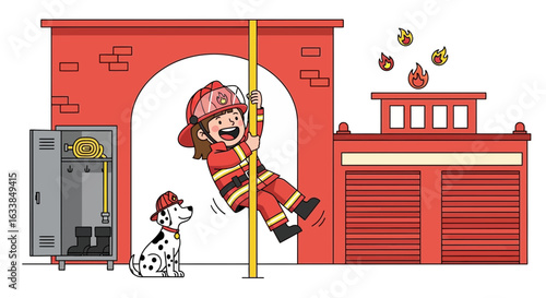 Brave Firefighter Responding To Emergency With Dalmatian At Fire Station Vector Design