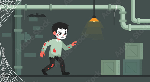 Boy Dressed as Zombie Running in A Dark Basement For Halloween Party