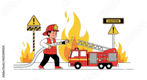 Brave Firefighter Responds To Emergency With Firetruck And Caution Signs Illustration