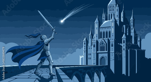 Brave Knight Confronting Celestial Threat Before Majestic Castle Illustration