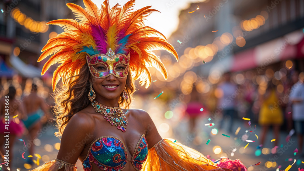 Naklejka premium A woman in vibrant carnival attire smiles, embodying the joy of the celebration during a street festival.