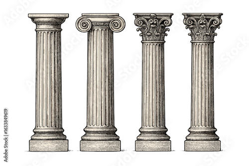 Ancient Greek and Roman Architectural Columns Engraving Vector Illustration, Fluted Pillars with Doric Ionic Corinthian Details, Classical Architecture Elements Isolated on Transparent Background