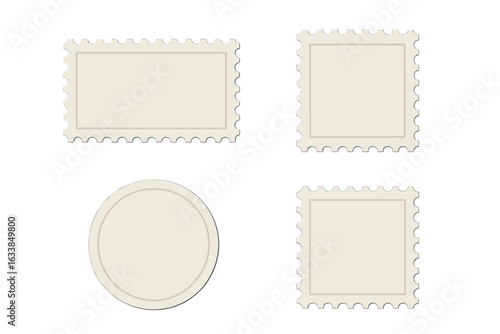 Blank vintage postage stamp set, retro mail label vector collection with rectangle, square, and round shapes, isolated postal seal template bundle for DIY letters and invitations
