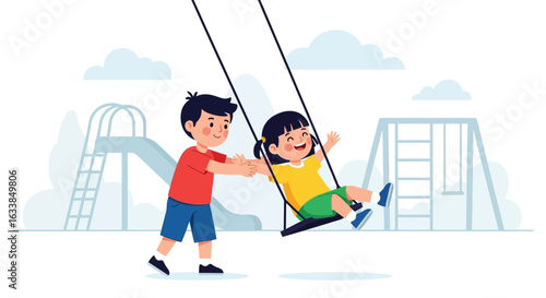 Brother Pushing his Sister on a Swing Set with Slide in a Playground