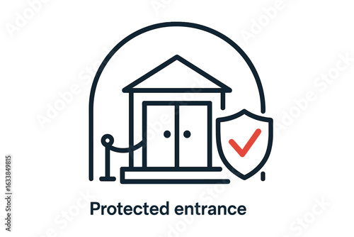 Secure building entrance protection concept, vector illustration with shield, checkmark, security doors, safety verification, property access control, protected entryway, security checkpoint