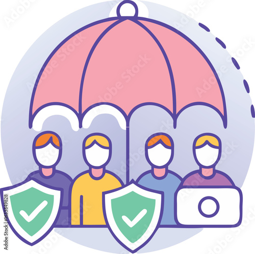 Umbrella and shields safeguard diverse people in icon with a transparent background