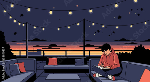 Boy Enjoying Peaceful Rooftop Writing Under Starry Sky And Twilight Lights
