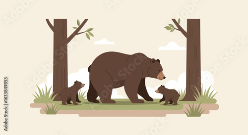 Brown Bears Family Walking Through Forest Cartoon Illustration Design