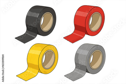 Colored duct tape rolls vector illustration set. Black, red, yellow, silver adhesive tape isolated on transparent background. Realistic packaging, repair, craft, DIY tool, stationery concept