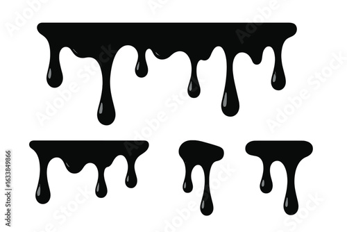 Black paint drip and oil liquid dripping effect vector set. Realistic black glossy slime, melted ink, tar flow. Dramatic spilled texture for design, isolated element on transparent background.
