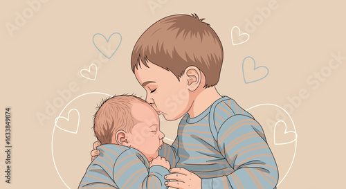 Brotherly Love Depicted In A Touching Moment With Affection And Hearts