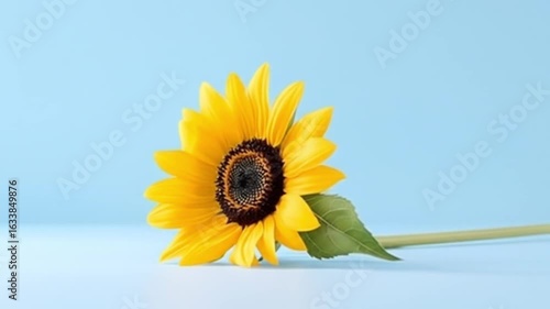 Close up of a bright yellow sunflower with a green leaf against a light blue background studio shot