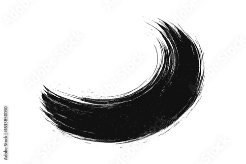 Abstract black ink brush stroke crescent. Japanese zen circle enso. Grunge curved paint smear. Minimalist calligraphy banner. Artistic texture. Isolated swoosh shape. Vector illustration