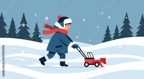 Boy Enjoying Winter With Snow Removal Equipment In Snowy Mountainous Landscape