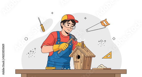 Building A Birdhouse Construction Cartoon With Hammer And Safety Equipment