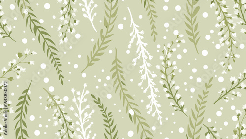 A gentle floral pattern with green leaves and white flowers scattered on a light green background shade