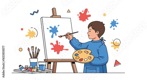 Boy Enjoys Expressing Himself Through Painting Colorful Artwork On Canvas