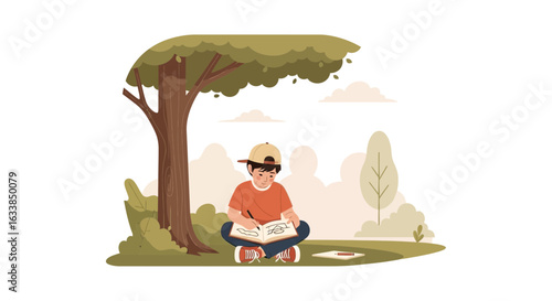 Boy Enjoys Drawing Outside Under A Tree On A Sunny Day In Nature