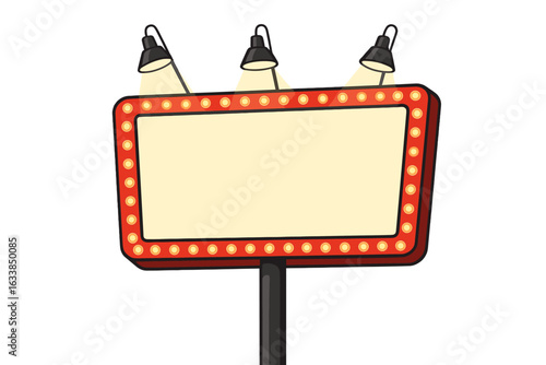 Vintage blank retro marquee sign with glowing lightbulbs and spotlights, illuminated signage for theater, cinema, event promotion, vector illustration isolated on transparent background