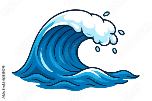Dynamic ocean wave vector illustration. Powerful sea wave crest with white foam. Blue water wave. Splash and surf concept. Marine nature, aquatic movement, ocean energy, surfing, seascape background.