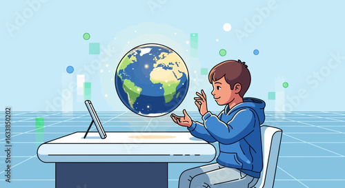 Boy Envisions Global Future, Interactive Earth Globe, Online Learning at Home