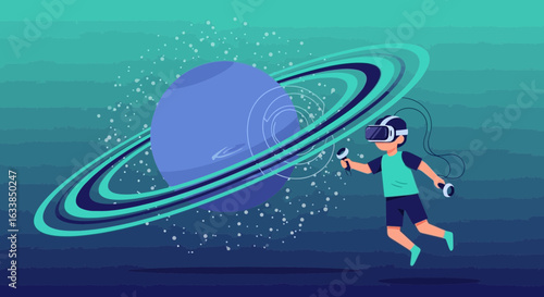 Boy Experiencing Virtual Reality Space Exploring Rings Of Saturn Concept