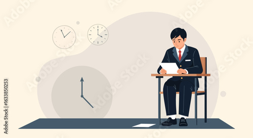Businessman Concentrating On Reading Documents While Clock Displays Time Pressure