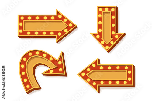 Retro marquee arrow signs set. Vintage illuminated vector arrows, glowing lightbox signage, bright carnival or theater direction pointers, golden frame arrows isolated on transparent background