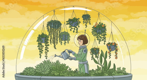 Astronaut Cultivating Plants Inside Geodesic Dome on an Alien Planet