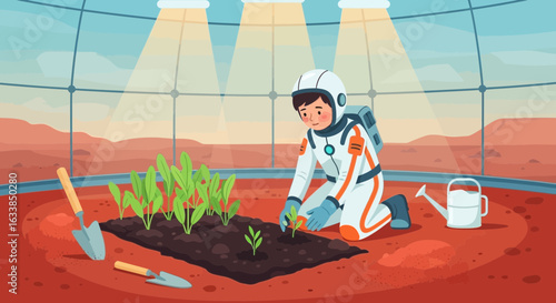 Astronaut Cultivating Vegetable Garden Inside a Martian Greenhouse for Sustainable Future