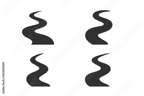 Winding river silhouette icons collection. Curved waterway vector shapes set. Abstract meandering river patterns, black stream or path symbols for map, environment, landscape, travel design