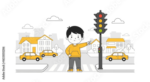 Boy Explaining Traffic Rules While Pointing At Lights On Crosswalk Near Cars