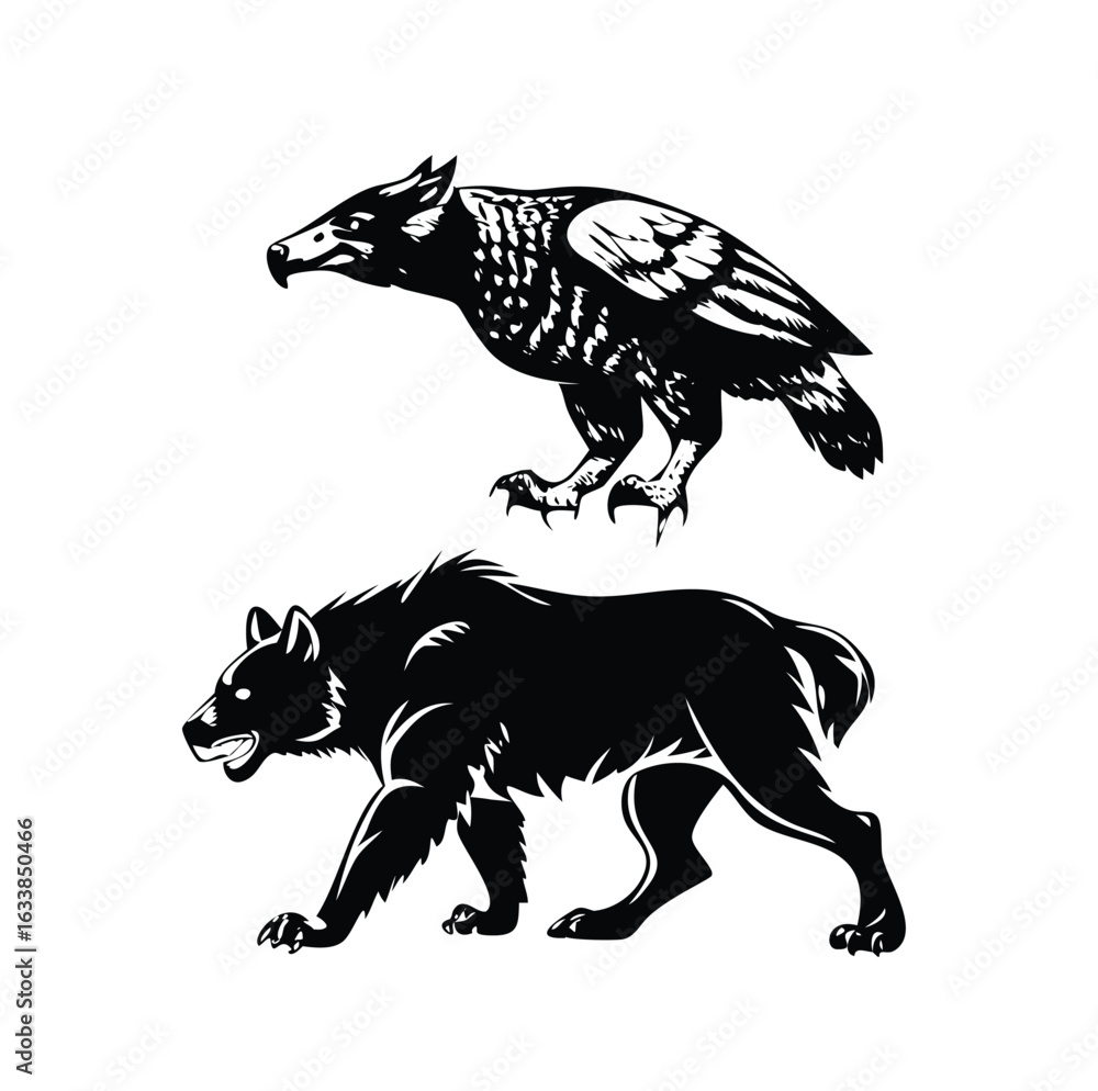 Fototapeta premium Wild Animals Woodcut Vector Set - Engraved Illustrations