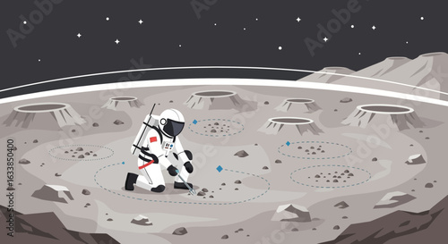 Astronaut Doing Research On The Moon Surface With Craters Landscape