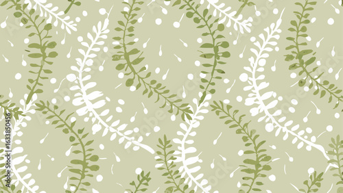 Delicate floral pattern with green and white leafy vines and scattered small white dots on light green ground