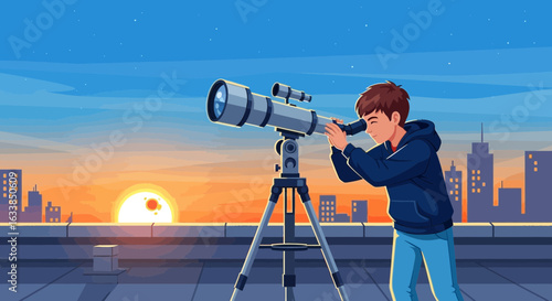 Boy Gazing Stars Through Telescope On Roof At Sunset With City Silhouette
