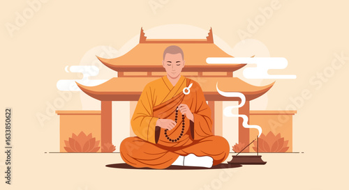 Calm Monk Meditating With Temple Background In Lotus Position Spirituality