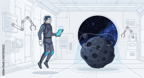 Astronaut Explores Floating Asteroid With Tablet Inside Futuristic Space Station