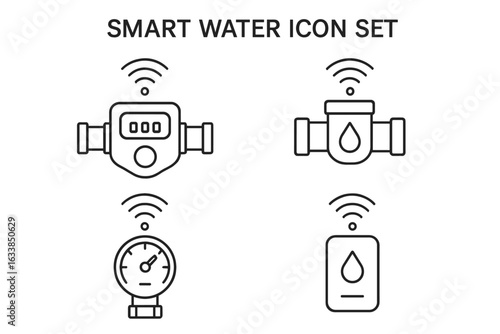 Smart Water Meter Icon Set. IoT Water Monitoring Vector Collection. Outline Symbols for Flow Meter, Pressure Sensor, Smart Water Management, Digital Utility Device, Remote Monitoring Concept