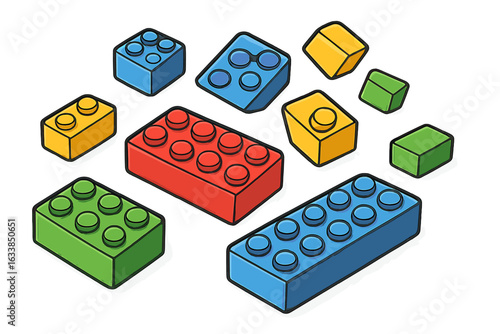 Colorful plastic building blocks collection scattered on white background. Creative construction toy bricks for kids. Educational, imaginative play, childhood development. Vector cartoon illustration.