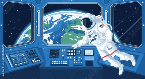 Astronaut Explores Outer Space Near Earth Inside Spacecraft Interior Illustration