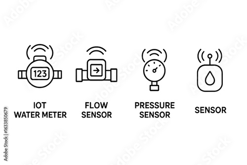 Smart Water Monitoring Icons Set. IoT Water Meter, Flow Sensor, Pressure Sensor, Liquid Sensor. Outline Vector Symbols for Smart Metering, Automation, Industrial, Utility, Remote Monitoring Design
