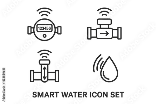 Smart water meter and IoT sensor icon set. Outline vector symbols for wireless water monitoring, flow meter, pressure sensor, smart meter, automation, data transmission, leak detection.